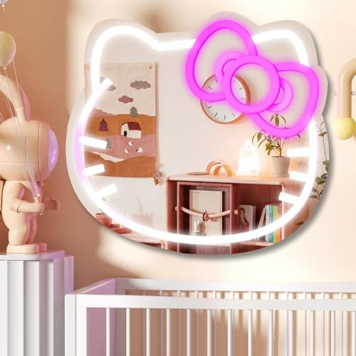 MCJSGSP Anime Hello Kit Katzen-Neonschild-Spiegel, 30,5 x 24,1 cm, Kosmetikspiegel mit Lichtern, Schlafzimmer-Wandspiegel für rosa Raumdekoration und ein Make-up-Spiegel mit Lichtern, Teenager