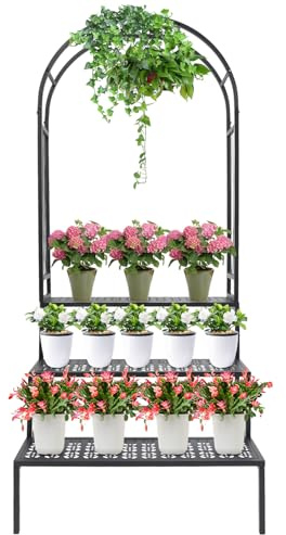 Wiyuer Étagère à fleurs à 3 étages avec arche treillis en métal - 165 cm - Support pour plantes - Pour l'intérieur et l'extérieur - Balcon - Jardin