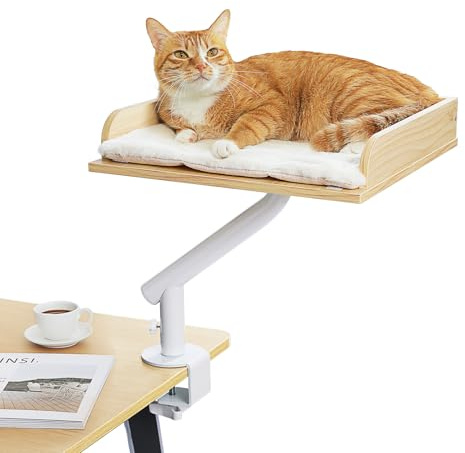 PAWZ Road Wood Cat Desk Bed, 360°Rotatable Cat Bed Supports to 50 Lbs | Desk Mount Cat Bed with Steel Clamp for Indoor Cats, Cats Hammock Soft Cat Desk Nest for Game Office Home Desktop, Beige