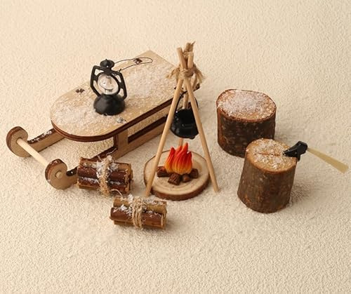 DAHI Wichtel Zubehör - DIY Puppenhaus & Weihnachten Lagerfeuer Set, Holz Miniatur Deko mit Axt & Werkzeug (A)