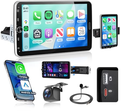 【4+64G】 Hodozzy Android 15 Radio Coche 1 DIN con Removible Pantalla de 10 Pulgadas con Carplay Inalámbrica Android Auto,Radio Coche Bluetooth 5.0 con DSP RDS FM USB WiFi GPS+ Cámara de Visión Trasera