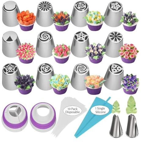 Aiyraa Russian Piping Nozzles Set - Icing Piping Kit with 12 Large Flower Tips, 10 Disposable Bags, 2 Leaf Nozzles, 2 Couplers, 1 Silicone Bag, Cake Decorating Tools & Baking Equipment (27)