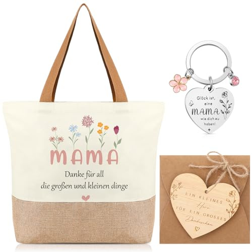 Xuniea 4 er Muttertagsgeschenk Geschenke für Mama Schwiegermutter Tasche Mama Schlüsselanhänger Herzförmiges Holzschild mit Umschlag und Hanfseil Muttertagsgeschenk für Mutter Schwiegermutter Oma