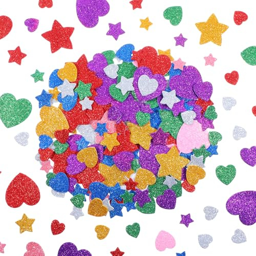 300 Stück Glitzer Sticker Schaumstoff Aufkleber Selbstklebend Sternschaumaufkleber Bunte Sterne Herz für Wand Dekoration Basteln Fertigkeit Dekoration Valentinstag Hochzeitsbedarf Bastelarbeiten