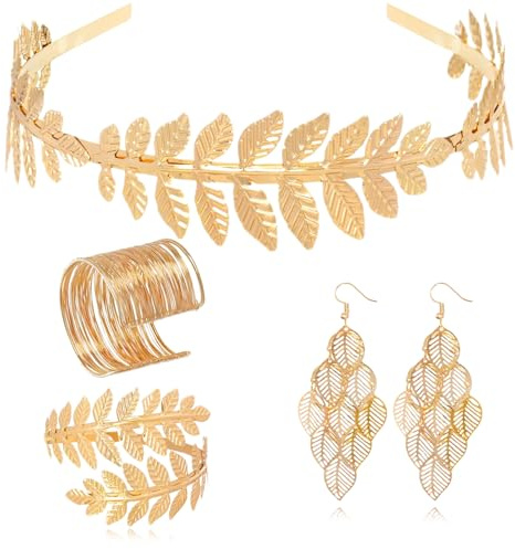 Griechische Göttin Kostüm Schmuck Set, Römische Göttin Haarreif, Lorbeerkranz Haarschmuck, Blatt Ohrringe Oberarmreif Armband, Kopfschmuck Accessoires für Damen Hochzeits Halloween Karneval Kostüm