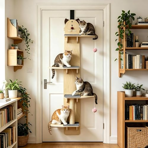 4-Tiers Door Hanging Cat Shelf, Vertical Cats Tree Over, Cat Tree Door Mounted Cats Climber with Scratching Post, Pads, Tease Cat Ball 170cm
