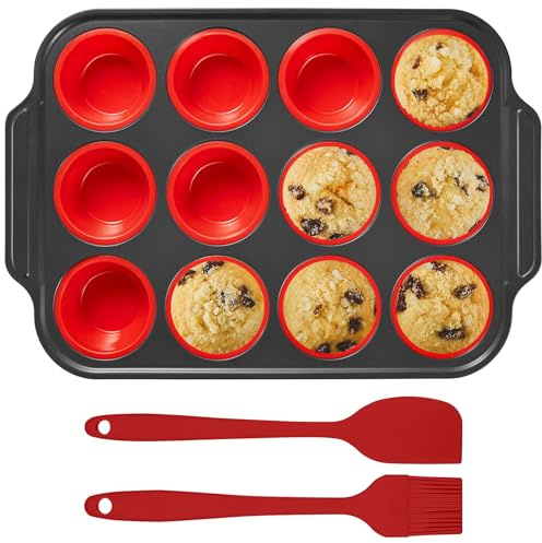 12 Muffins Mini Muffins Backform, Antihaft Rot Muffinblech für Pudding | Mini Muffins Backform, Cupcake Formen, Silikon Muffinblech, Spülmaschinenfest, Ofenfest bis 230°C für Brownies, Egg Bites