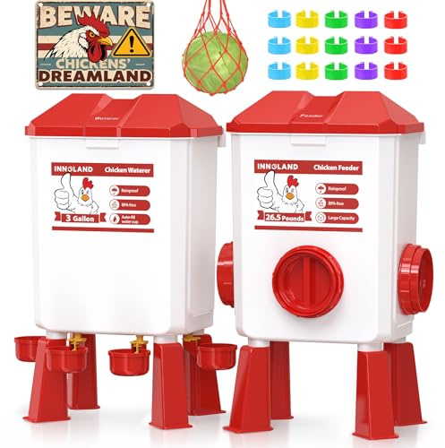 INNOLAND Futterautomat Hühner und Hühnertränke – 12 kg/11 L | Wassertränke Hühner mit 4 Bechern & 3 Futteröffnungen, Keine Verschwendung, Geflügeltränke, Hühnerzubehör für Enten/Geflügel
