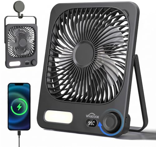 WHATOOK Ventilatore da Tavolo Ricaricabile 10000mAh con Luce Notturna, USB C Silenzioso 30dB, 100 Velocità, 40h, Display Auto-Off, Griglia Lavabile, Gancio Campeggio Camera