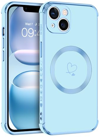 Telaso Magnetische Hülle für iPhone 13, Handyhülle für iPhone 13 Niedliches Herz Muster [ Kompatibel mit MagSafe ] Weiche Plattierung Abdeckung für Frauen, Schutz der Kamera, Blau