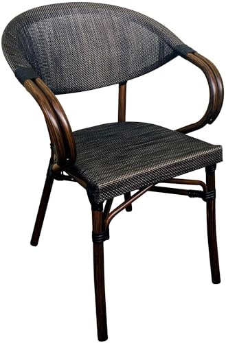 CLP Bistrostuhl wetterfest Sorva mit Armlehnen, aus Aluminium bis 200 kg, Stapelstuhl mit Holzoptik, ideal für Garten, Balkon und Terrasse | Farbe Coffee