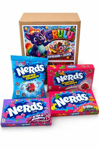 Grulu Nerds Süßigkeiten Probierbox mit 4 Sorten | amerikanische Süßigkeiten Mix mit Nerds Gummy Clusters | American Candy Box Geschenk glutenfrei