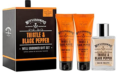 Scottish Fine Soaps - Thistle & Black Pepper Well Groomed Gift Set - Purifying Milk Thistle Extract - Contains Eau de Toilette, Aftershave Balm, Body Wash - Vegan Friendly