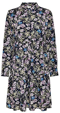 JDY Damen Kurzes Langarm Kleid Gemusterte Tunika Falten Bluse Rüschen Hemd Oberteil V-Neck JDYPIPER