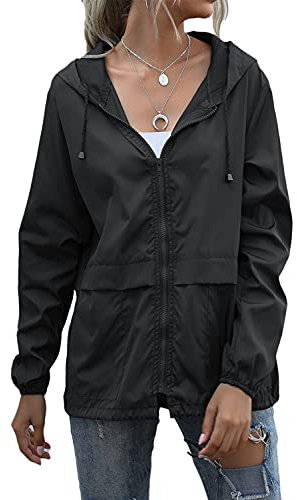ORANDESIGNE Veste de Pluie Imperméable pour Femmes Léger Veste De Pluie Courte Coupe Vent Extérieure Manteaux à Capuche Vacance Coupe-Vent Zippé Noir L
