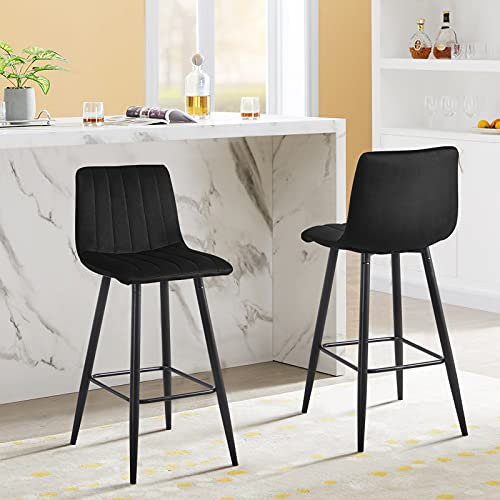 LEMROE Lot de 2 tabourets de Bar en Velours avec Dossier et Pieds Noirs avec Repose-Pieds - Rayé Vertical - 65 cm - Noir