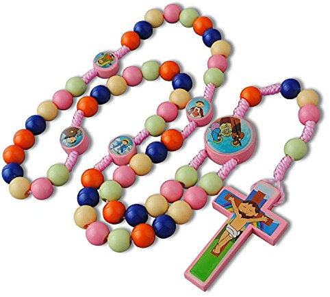 Luomu Mehrfarbige Holzperlen Heiliges Gebet mit Krippe Mittelstück Schnur Rosenkranz für Kinder, Holz, Kein Edelstein
