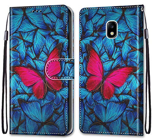 Mo-Somnus Kompatibel mit Samsung Galaxy J7 2017 / J730 Hülle, Leder Handyhülle mit Kartenfach Geld Slot Ständer PU Ledertasche Wallet Flip Brieftasche Magnetische Schutzhülle Case Etui (Schmetterling)