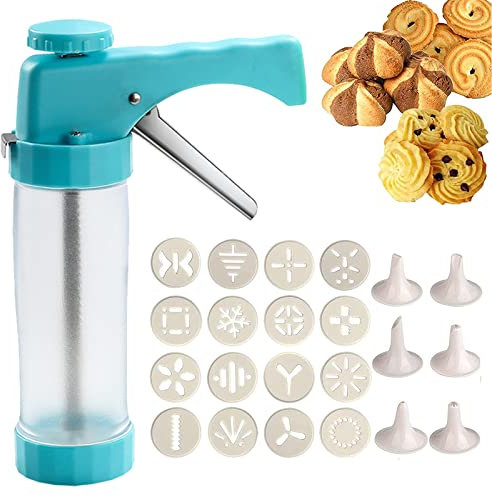 LTLWSH Prensa para Galletas, Jeringa para Adornar, Máquina de Galletas, Prensa de Galletas, Accesorio para Hornear con 16 Plantillas y 6 Boquillas para Pasteles y Galletas,Azul