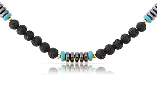 Made by Nami Surfer Halskette mit Kokosnuss Perlen - Herren Surfer-Kette Holz-Perlen - Handmade Strand-Schmuck - Wasserfest (Lavastein/Metall)
