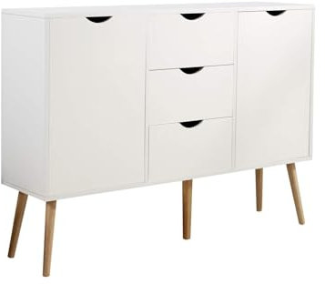 Home Source Sideboard Storage Cabinet, 2 Door, 3 Drawer Cupboard, Solid Wood Legs, White, Scandi Style