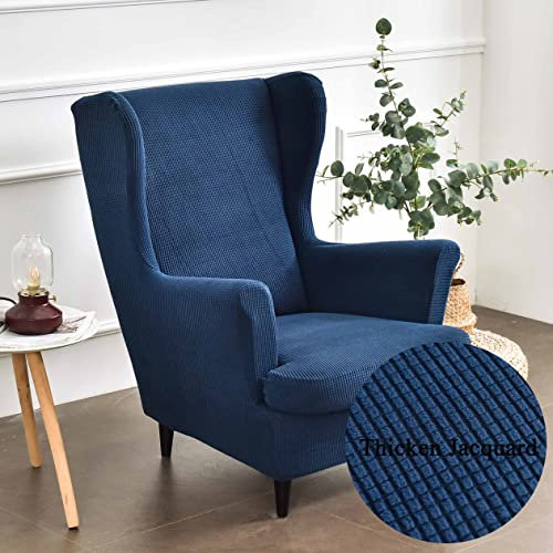 Highdi 2-Teilig Ohrensessel Überzug, Sessel-Überwürfe Ohrensessel Einfarbig Jacquard Verdicken Schonbezüge Bezug Sesselhusse Strandmon Tiger Stuhlbezug mit Armlehne Hohe Rückenlehne (Navy blau)