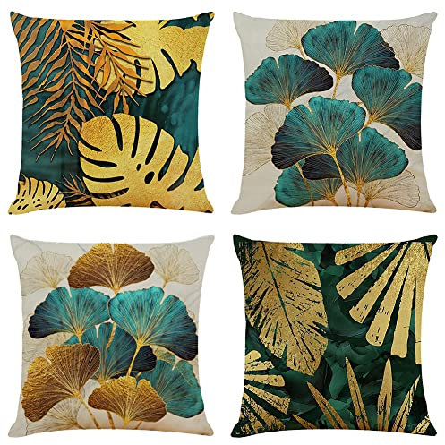 BCKAKQA 4 Pack Cushion Covers 60cm x 60cm Green Gold Leaves Throw Pillow Covers 24 x 24 inch Linen Square Throw Pillow Case for Living Room Sofa Couch Bed Pillowcases