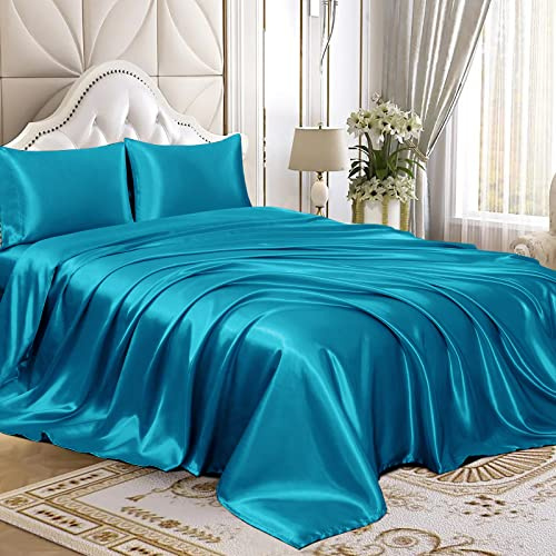 Homiest Parure de lit en satin 4 pièces – Ensemble de literie luxueux en satin soyeux avec bonnets profonds, comprenant 1 drap-housse, 1 drap plat et 2 taies d’oreiller (Full, turquoise)