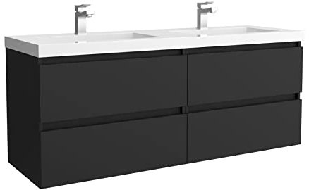 Salgar Mueble de baño Bequia 140 cm con Lavabo 100% montado de fábrica | Acabado Negro Mate suspendido 4 cajones Cierre amortiguado Apertura con uñero | Lavabo 2 pozas Porcelana Blanca | Marca