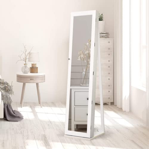 GYMAX Armadietto Portagioie da Terra, Portagioielli con Serratura, Specchiera a Figura Intera, Organizzatore per Gioielli e Cosmetici, Arredo Camera da Letto, Mobiletto Moderno, 38x38x157 cm (Bianco)