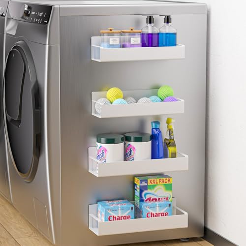 Vetacsion Lot de 4 organiseurs à linge magnétiques, étagère magnétique robuste pour machine à laver et sèche-linge, blanc, fer