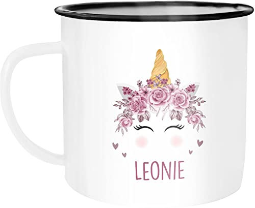 SpecialMe® Kinder-Tasse Emaille Bär, Fuchs, Einhorn mit Namen personalisierte Namenstasse für Kinder Tiermotive Einhorn emaille-weiß-schwarz standard