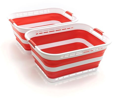 SAMMART 42L zusammenklappbarer Wäschekorb aus Kunststoff – faltbarer Pop-Up-Aufbewahrungsbehälter/Organizer – tragbare Waschwanne – platzsparender Korb/Korb (Weiß/Viva Magenta (2er-Set))
