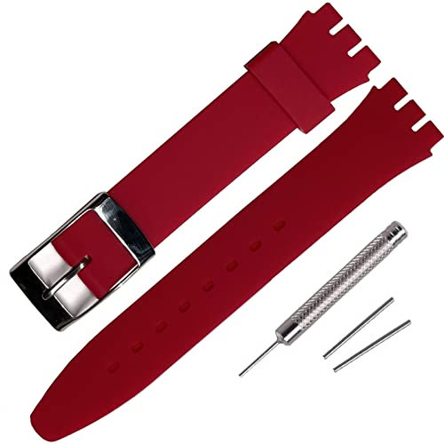 Rihahisy Silikon-Armband/Uhrenarmband aus Silikon mit silberner Edelstahlschließe als Ersatz für Swatch(17mm, Dark Red)