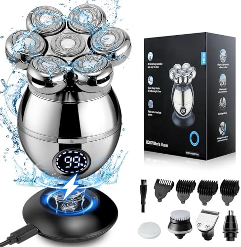 Head Shavers for Men, 7D Electric Head Shaver for Bald Men, 6-in-1 Wet & Dry Rotary Head Razor for Face & Head with Dispaly, Men's Grooming Kit with Beard/Nose Trimmer, Brush, Wireless Charging Base