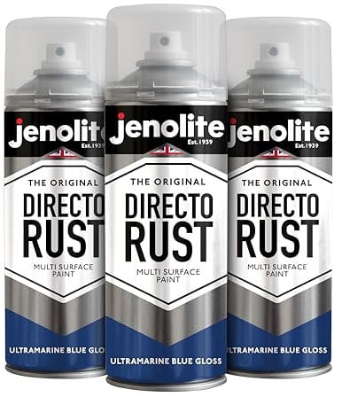 JENOLITE Directorust Pintura en aerosol brillante | ULTRA MARINO AZUL | 3x400ml | Pintura en aerosol de óxido directo para metal | Múltiples superficies: madera, metal, plástico | RAL5002