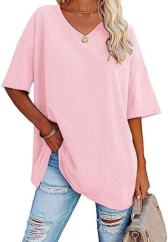 WINKEEY T-Shirt Femme à Manches Courtes Col V Tee Shirt Oversize Top Basique Casual Sport, Rose XL