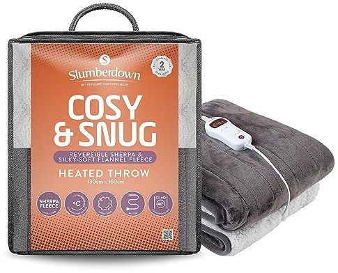 Slumberdown Luxury Heated Throw Blanket - Reversible Large Electric Blanket for Bed, Sofas & Settees, Sherpa Fleece Blanket with 10-Heat Settings & Timer - Cosy & Snuggly, Washable, Grey (130 x 160)