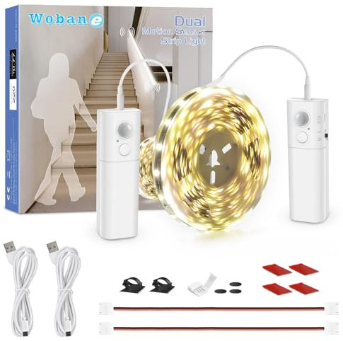 WOBANE LED-Streifen mit doppeltem Bewegungssensor, 5 Meter, LED-Streifen, wiederaufladbar, batteriebetrieben, selbstklebend, für Treppen, Kleiderschrank, Bett, Flur, kaltweiß 6000 K