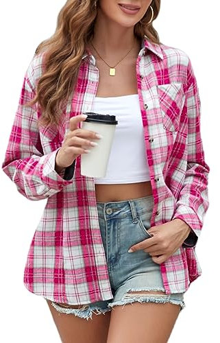 Deer Lady Camicie in flanella scozzese da donna camicie a quadri di bufalo oversize a maniche lunghe casual con bottoni, Rosa brillante e bianco, 3XL