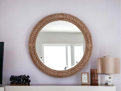 Home Dress Brwon Miroir mural rond de qualité supérieure avec cadre en corde pour maquillage et décoration d'intérieur moderne pour salle de bain, salon, chambre à coucher (61 cm)