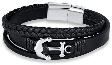 INFINIONLY Herren Mehrschichtiges Geflochtenes Leder Armband Fashion Edelstahl Anker Armbänder für Jungen mit Edelstahl Schnalle