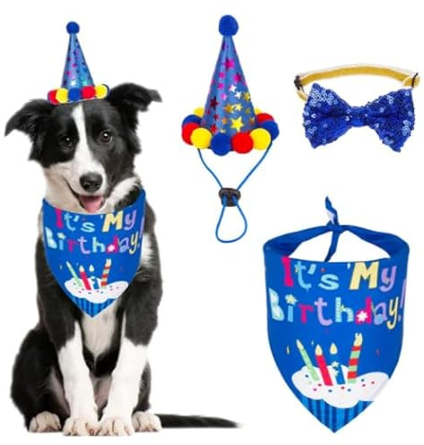 WUBAYI Dog Birthday Bandana Set, with Cute Doggie Birthday Party Hat and Bow Tie, for Cat and Dog Decoration(DarkBlue)