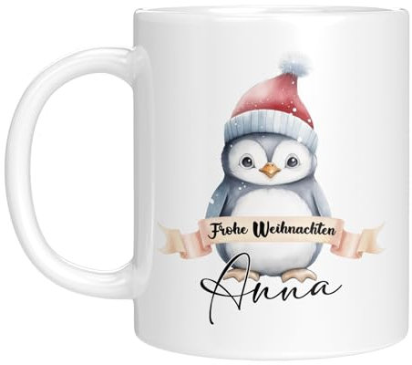 TassenTicker - Tasse zu Weihnachten - Weihnachtstasse - Personalisiert mit Namen - Kaffeetasse für jungen und Mädchen - Frohe Weihnachten - Weihnachts-Deko (Pinguin Rot Mütze)
