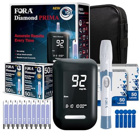 FORA Diamond DM10a Blutzucker Test Set – mit Blutzuckermessgerät, 100 Teststreifen, 100 Lanzetten & Etui – einfach & präzise für zuhause