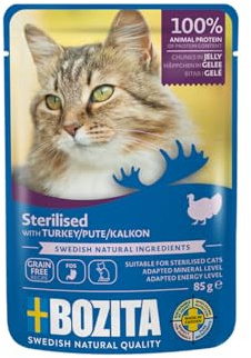 Bozita Sterilised Nassfutter Häppchen in Gelee mit Pute - 12x85g Portionsbeutel getreidefreies & weizenfreies Futter für Katzen - Katzen Nassfutter mit 8,5% Protein & 3,5% Fettgehalt