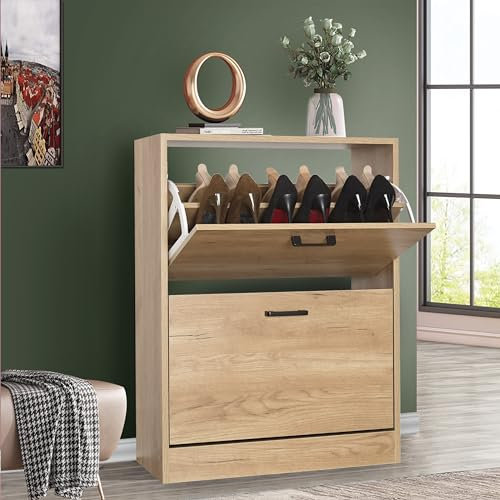 Storage Cabinet with 2 Drawer Shoe Storage Organiser Pull Down 2 Tier Shoe Cupboards for Hallways Narrow Shoes Cabinet for Entryway Slim Cabinet, Pine, 60W x 24D x 80H cm