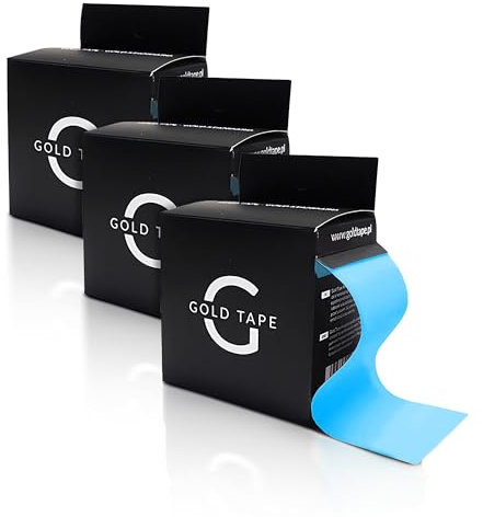 Gold Tape Kinesiologie Tape Set 3stk Blau | Hypoallergene Wasserfest Bandage | Muskelerholung Medical Tape - 5cm x 5m | Physio Tape für Verletzungen | Ungeschnittene Einzelrolle