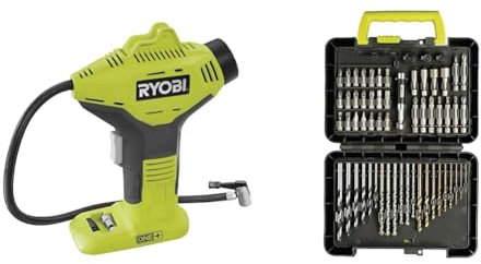 RYOBI - Compresseur 18V - jusqu'à 10,3 bars - Livré avec 3 embouts de gonflage - R18PI-0 & Coffret 60 accessoires de perçage et de vissage - RAK60DDF