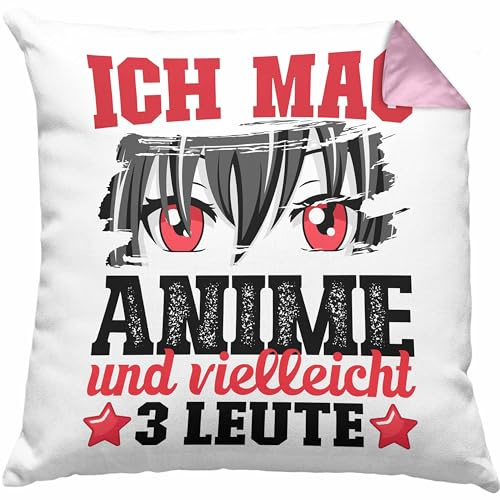 Trendation Anime Kissen mit Füllung 40x40 Geschenk Anime-Liebhaber Geschenkidee Ich Mag Anime Und Vielleicht 3 Leute (Rosa)
